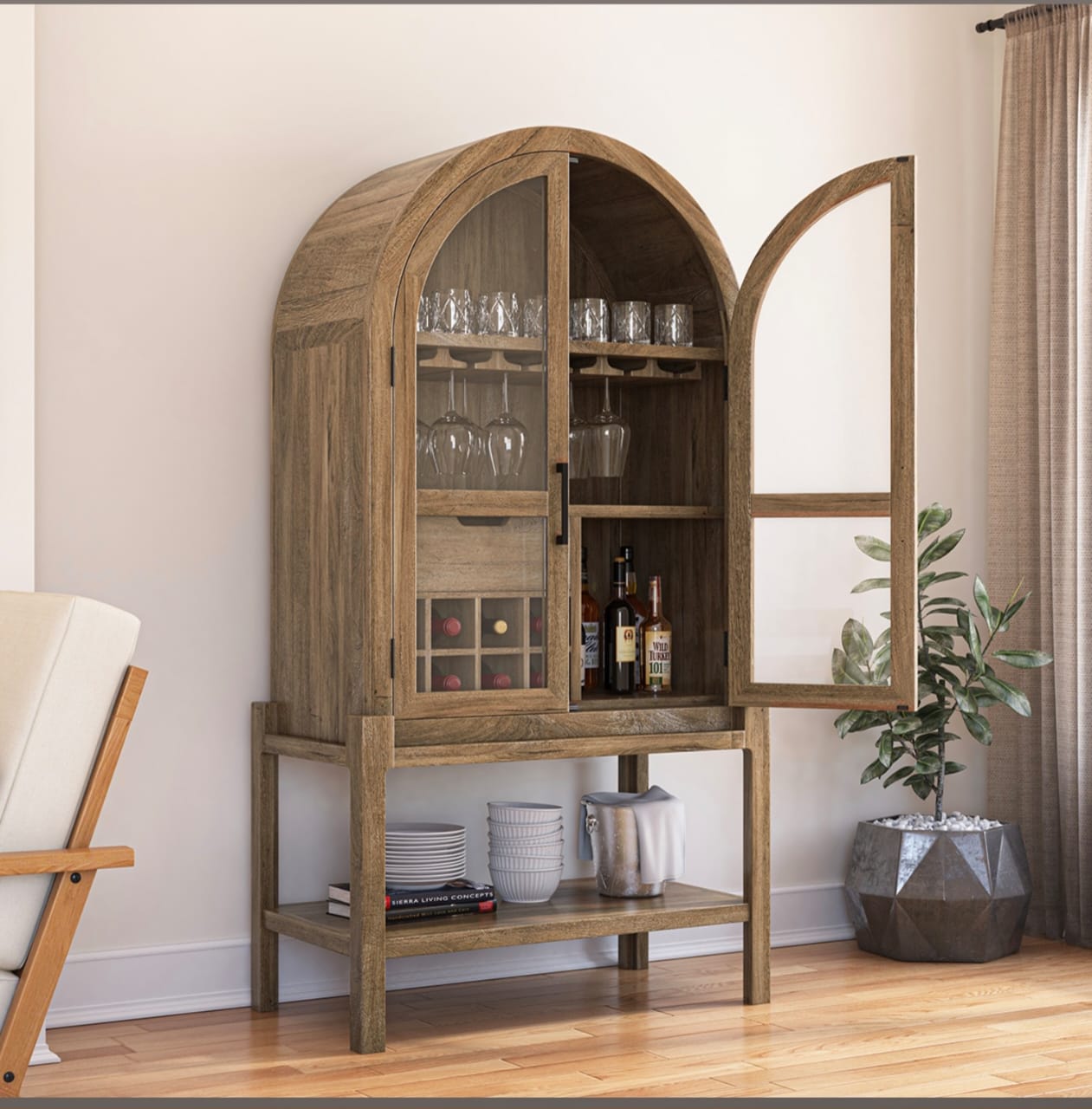 Ocala Rustic Tall Arched Bar Cabinet with Glass Doors