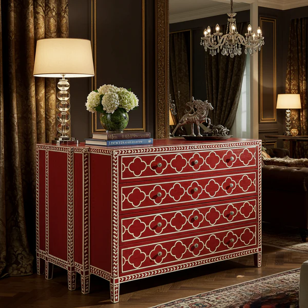 Woodoryn Red Decorative Wooden Chest of Drawers with Inlay Pattern