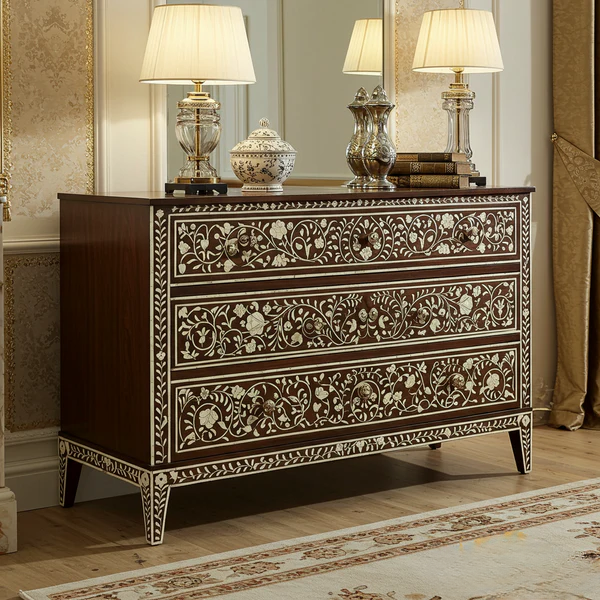 Woodoryn Vintage Floral Inlaid Wooden Chest of Drawers