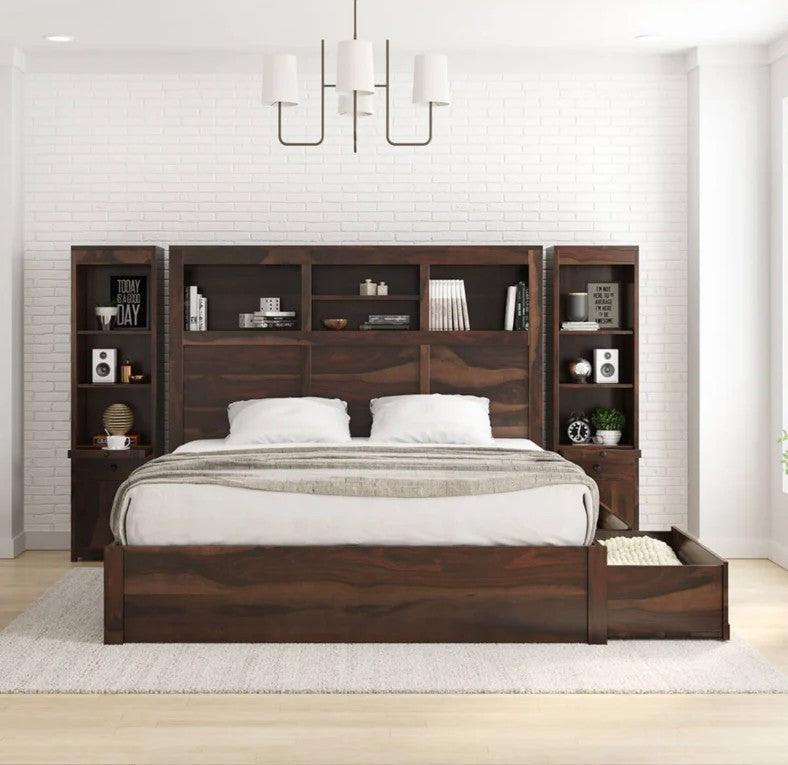 DreamWeave Solid Wood Storage Platform Bed with Bookcase Headboard