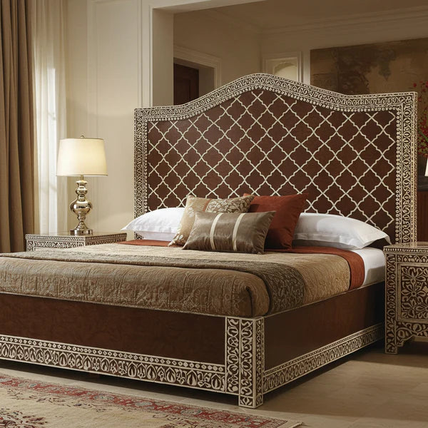 MoonRest Luxury Handcrafted Brown Inlay Bed with Ornate Headboard