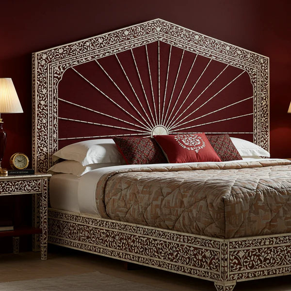 MoonRest Luxury Handcrafted Inlaid Wood Bed with Ornate Headboard