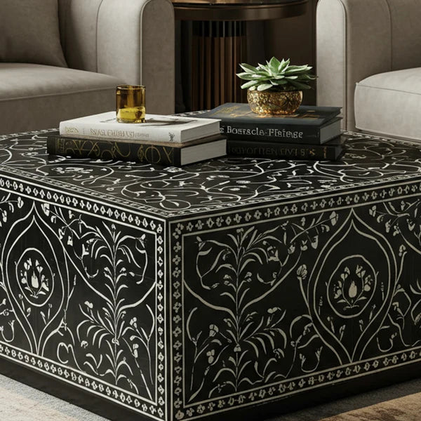 Aromex Black Floral Inlay Square Coffee Table