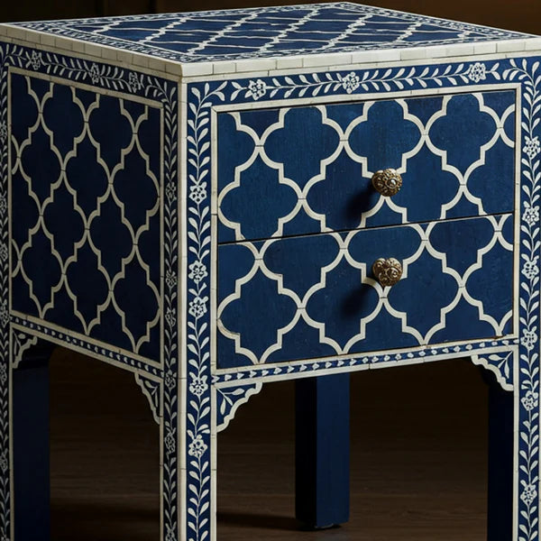 Sideva Blue and White Bone Inlay Side Table with Drawers | Luxury Handmade Bedside Table