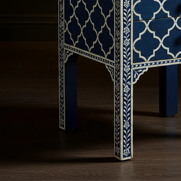 Sideva Blue and White Bone Inlay Side Table with Drawers | Luxury Handmade Bedside Table