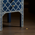 Sideva Blue and White Bone Inlay Side Table with Drawers | Luxury Handmade Bedside Table