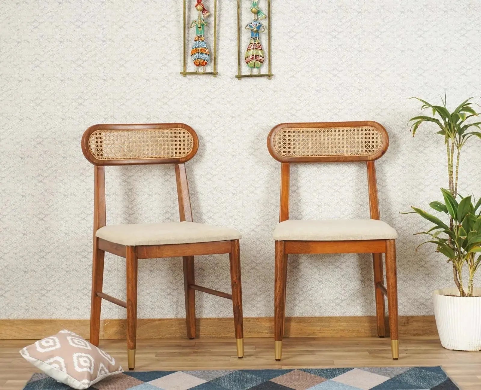 Walgloss Wooden Rattan Cane Chair Set