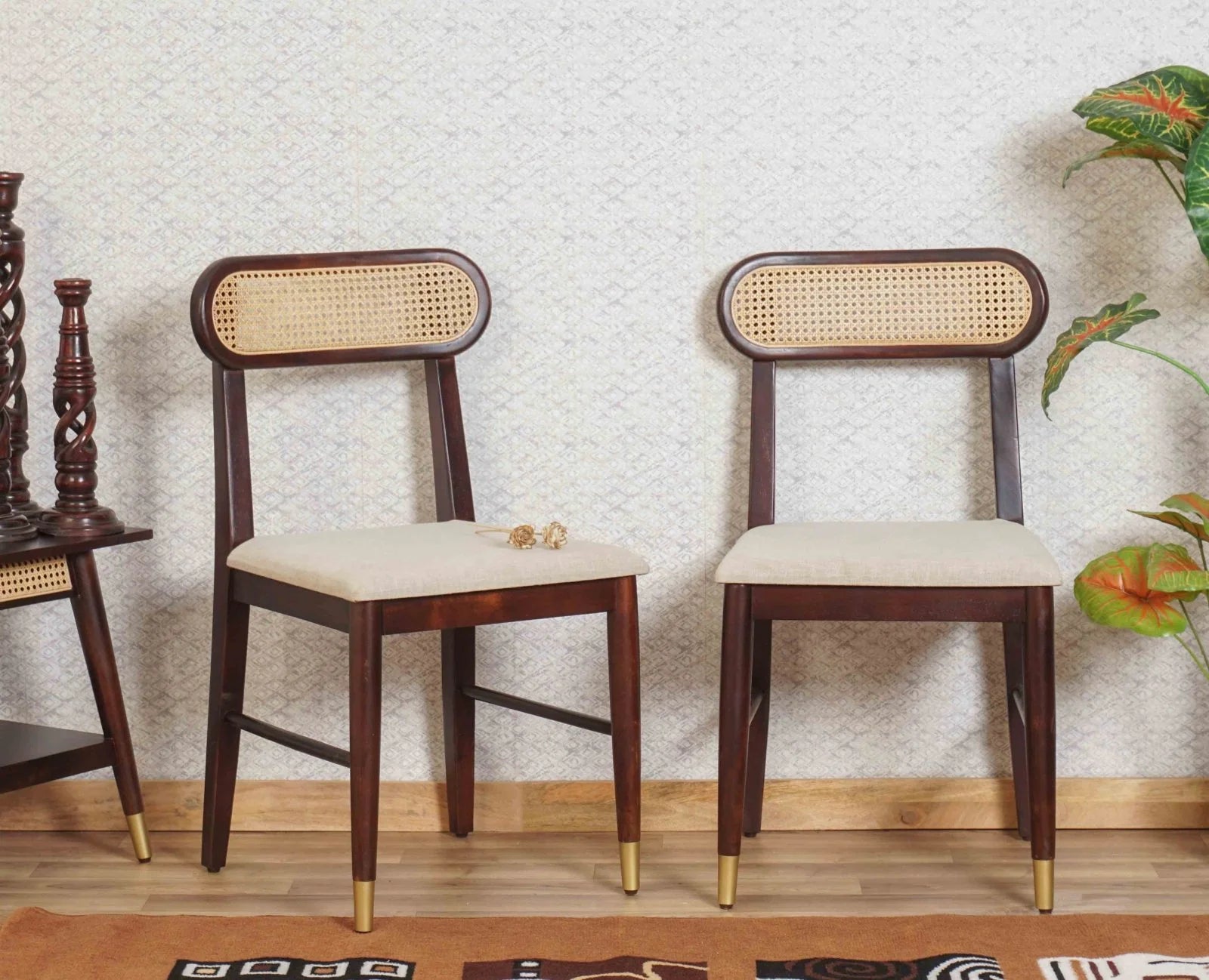 Walgloss Wooden Rattan Cane Chair Set