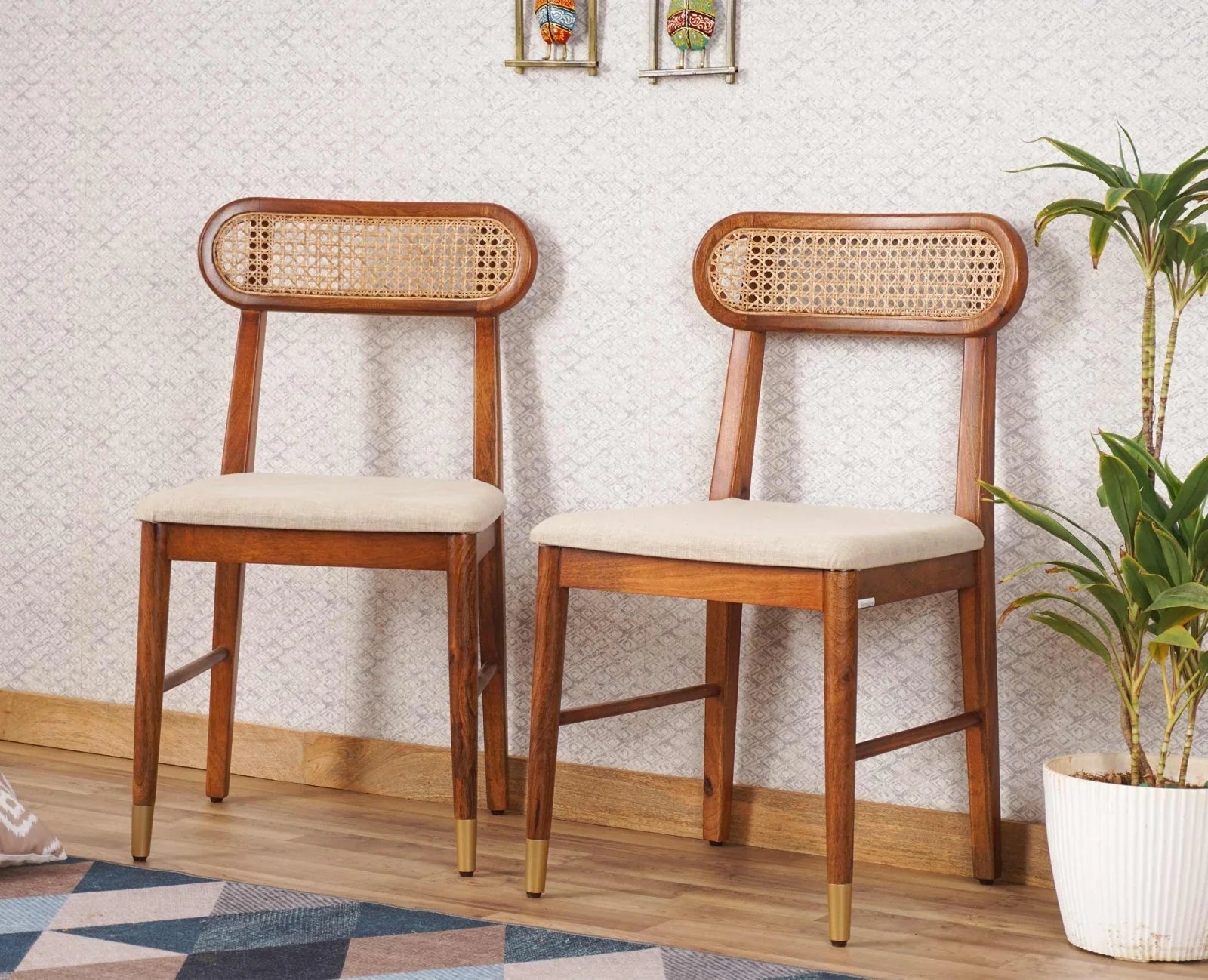 Walgloss Wooden Rattan Cane Chair Set