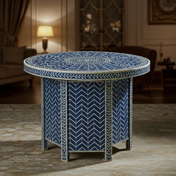 Decorative round table with blue and white pattern in a room setting