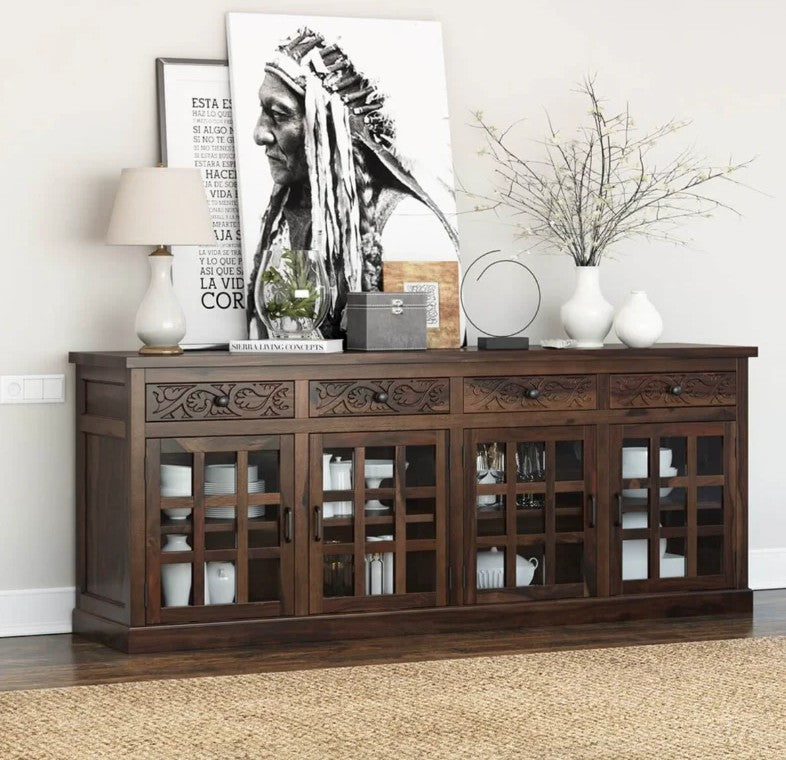 EchoLine Solid Wood 4 Drawer Extra Long Buffet Cabinet