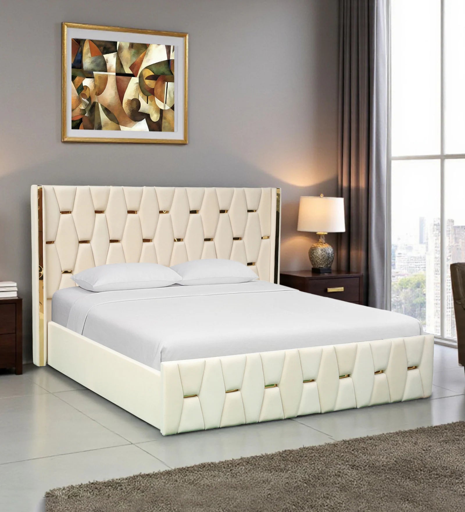 Velvet Upholstered Bed In White color With Box Storage
