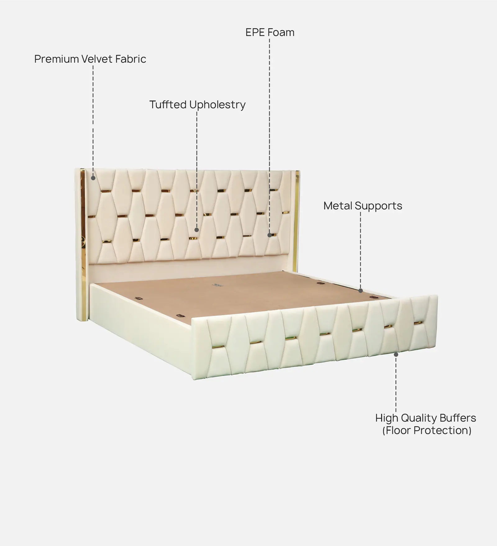 Velvet Upholstered Bed In White color With Box Storage