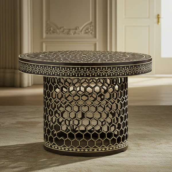 Aromex Handcrafted Inlaid Bone and Wood Round Side Table