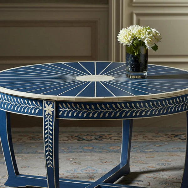 Aromex Decorative Blue Round Coffee Table with Intricate White Inlay