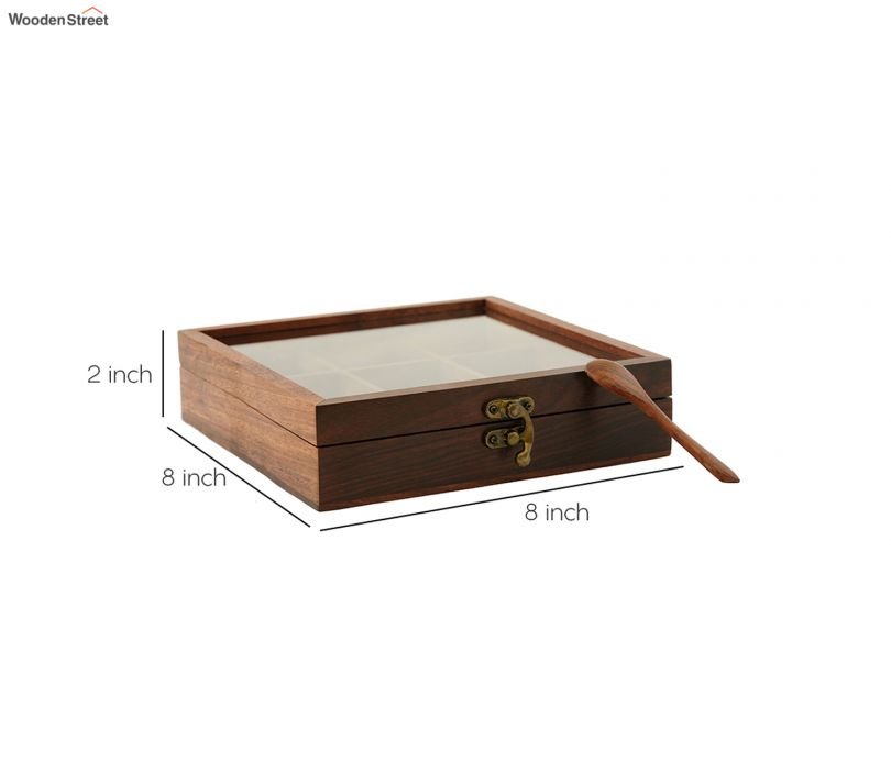 Brown Decorative Multi Purpose Spice Box With Nine Partitions And Spoon