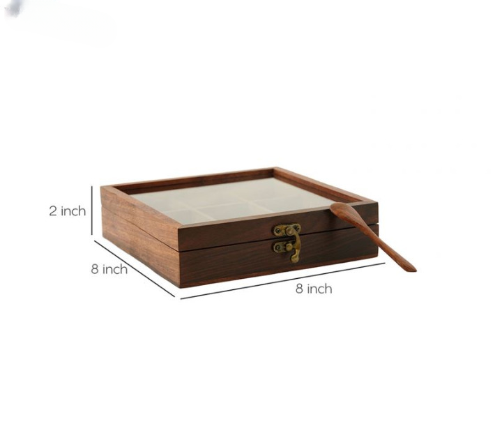 Brown Decorative Multi Purpose Spice Box With Nine Partitions And Spoon