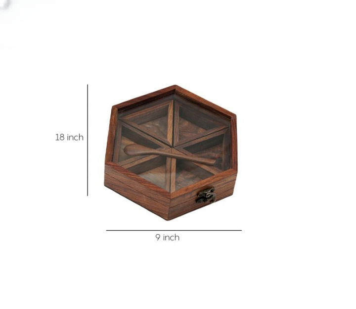 Wooden Hand Crafted Spice Box With 6 Containers And Spoon