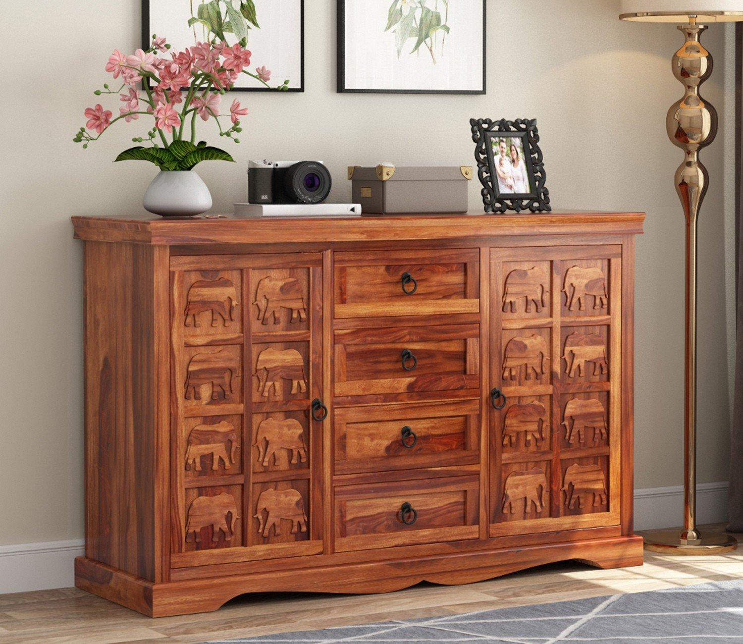 Emboss Sheesham Wooden Cabinet and Sideboard