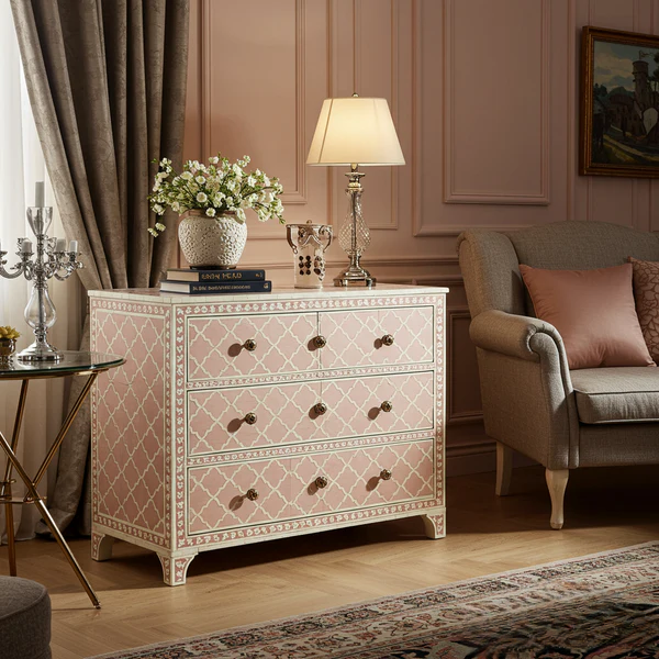 Woodoryn Vintage-Inspired Pink Patterned Chest of Drawers