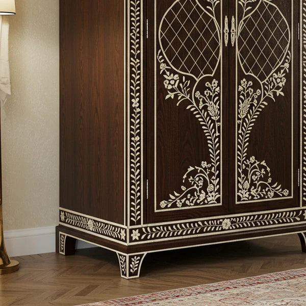 SpaceWoven Wooden Wardrobe with Intricate Floral Inlay | Luxury Handmade Wardrobe