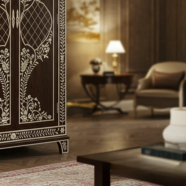 SpaceWoven Wooden Wardrobe with Intricate Floral Inlay | Luxury Handmade Wardrobe