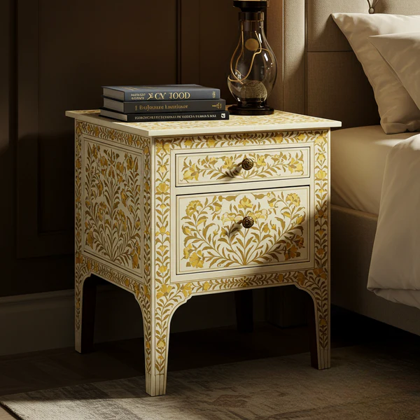 Sideva Handcrafted Floral Inlaid Wooden Nightstand | Luxury Handmade Bedside Table