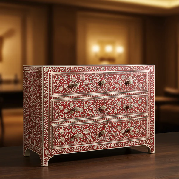 Woodoryn Red Floral Bone Inlay Wooden Chest of Drawers