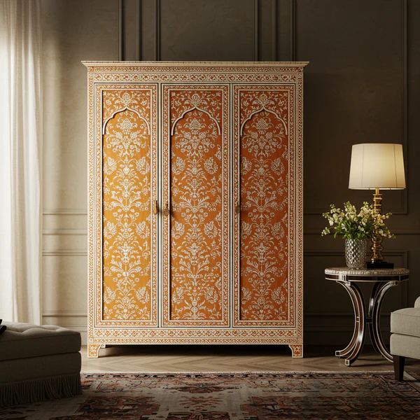 SpaceWoven Handcrafted Wooden Wardrobe with Floral Inlay | Luxury Handmade Wardrobe
