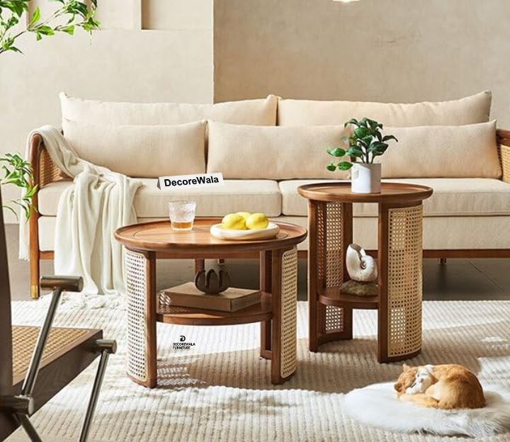 Netra home Rattan Coffee Table with Side Table - Cane Center Table with Shelf for Storage-Bohemian Solid Mango Wood Set of Center and Side Table Office