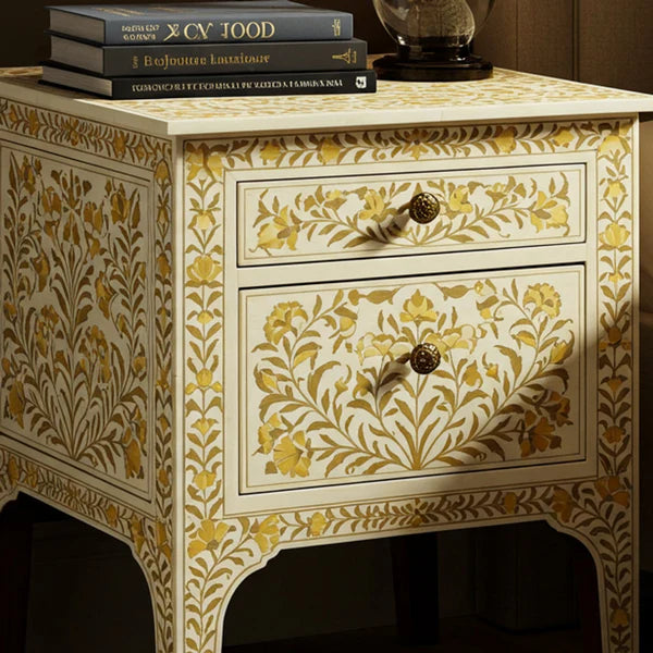 Sideva Handcrafted Floral Inlaid Wooden Nightstand | Luxury Handmade Bedside Table