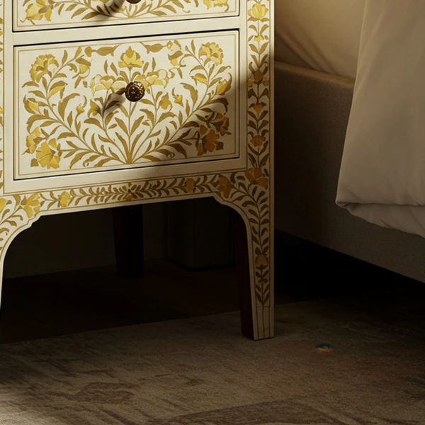 Sideva Handcrafted Floral Inlaid Wooden Nightstand | Luxury Handmade Bedside Table