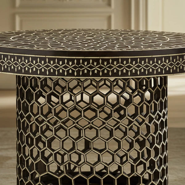 Aromex Handcrafted Inlaid Bone and Wood Round Side Table