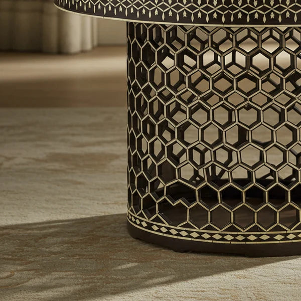 Aromex Handcrafted Inlaid Bone and Wood Round Side Table
