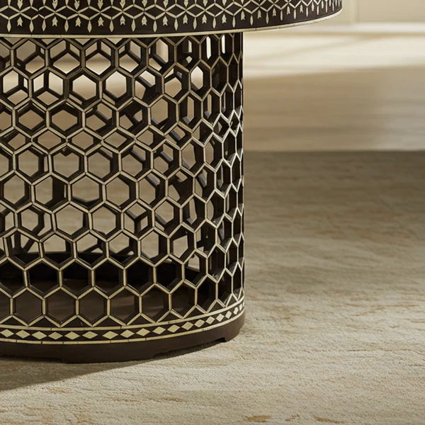 Aromex Handcrafted Inlaid Bone and Wood Round Side Table
