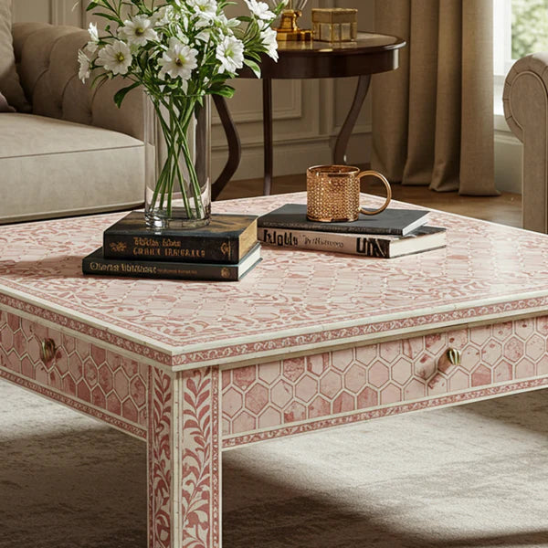 Aromex Handcrafted Pink Bone Inlay Square Coffee Table