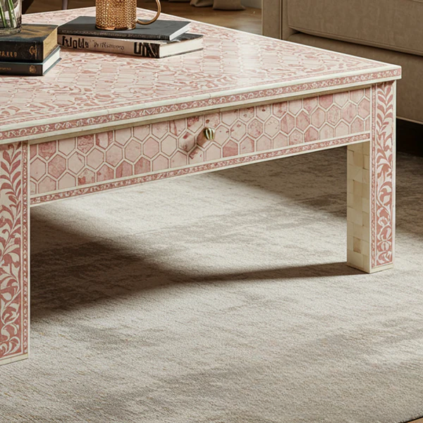 Aromex Handcrafted Pink Bone Inlay Square Coffee Table