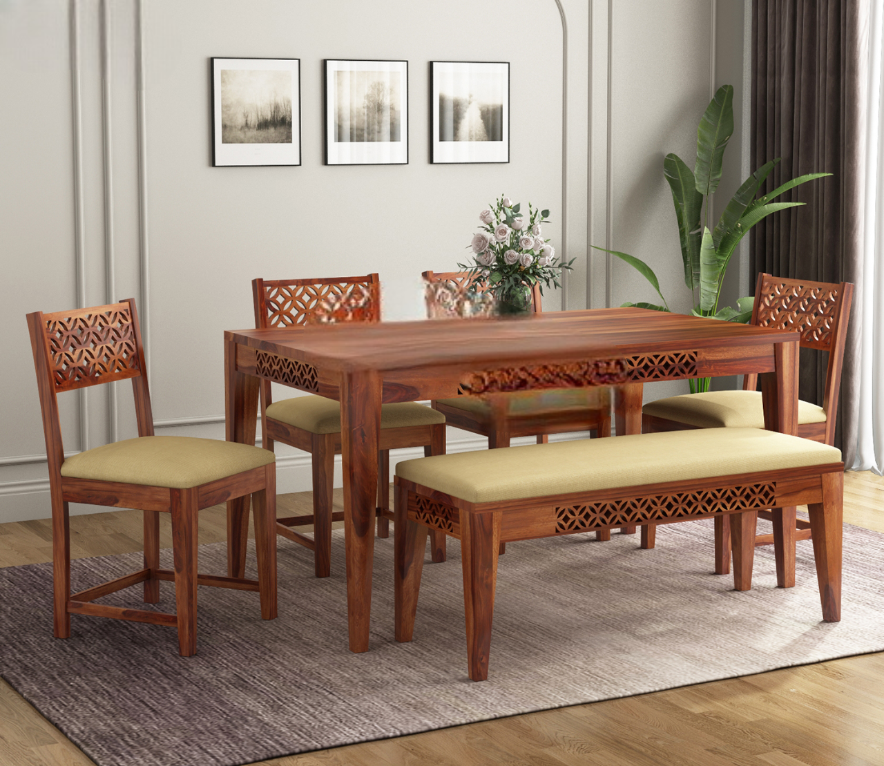 Cambrey 6 Seater Cushioned Dining Set With Bench