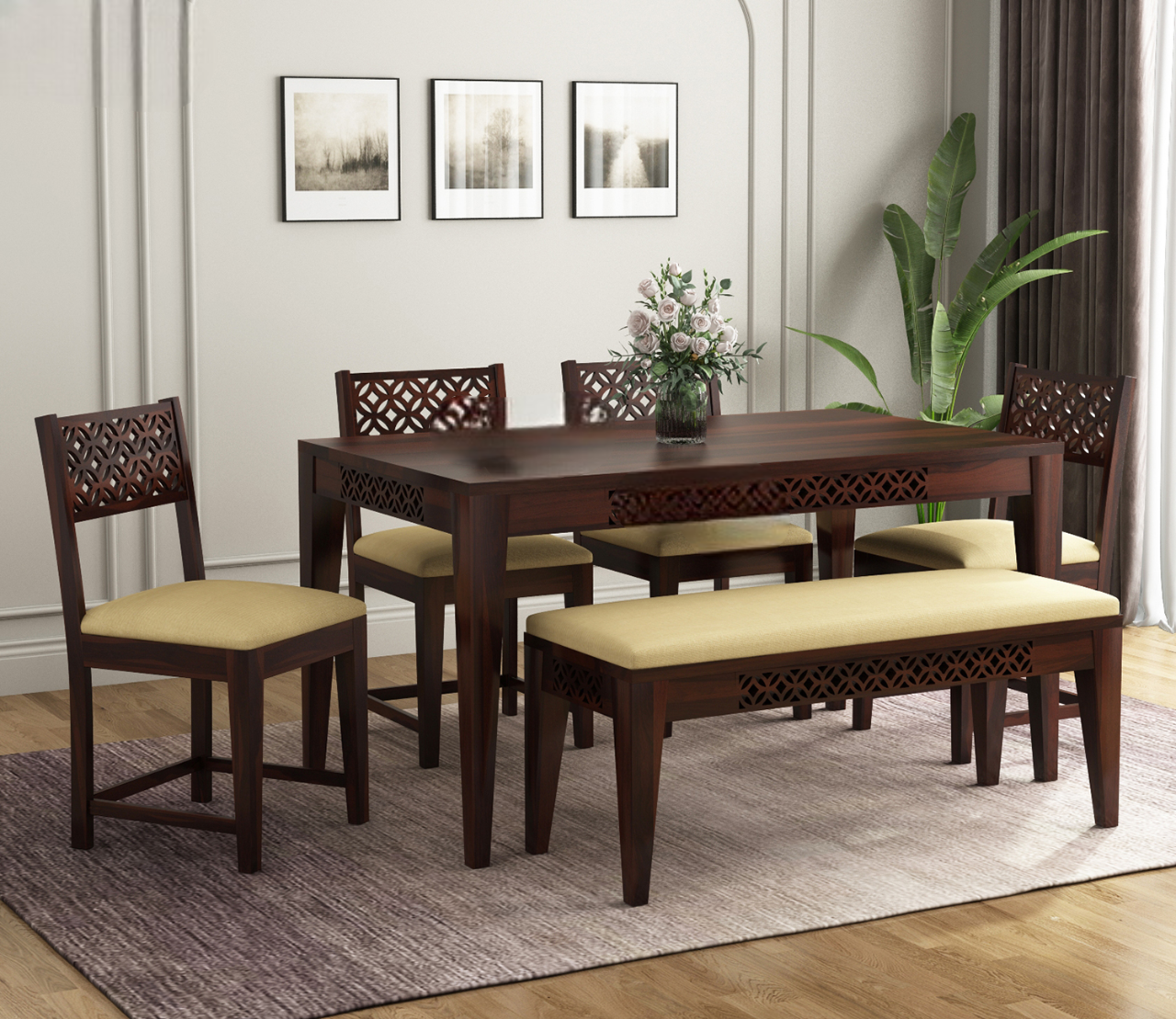 Cambrey 6 Seater Cushioned Dining Set With Bench