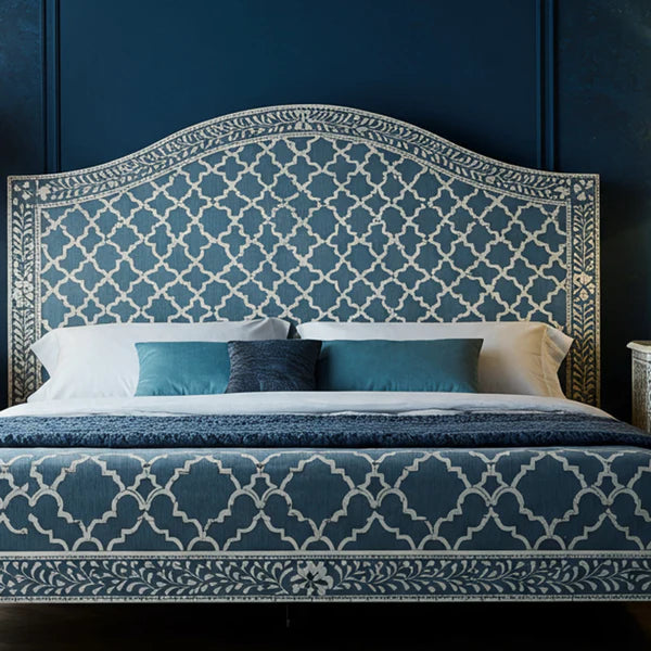 MoonRest Luxury Handcrafted Blue Patterned Bed with Matching Nightstands