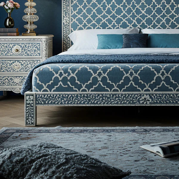 MoonRest Luxury Handcrafted Blue Patterned Bed with Matching Nightstands