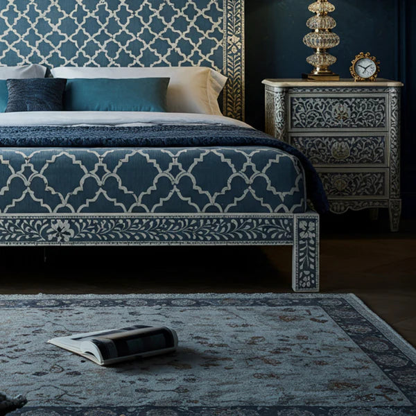 MoonRest Luxury Handcrafted Blue Patterned Bed with Matching Nightstands