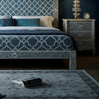 MoonRest Luxury Handcrafted Blue Patterned Bed with Matching Nightstands