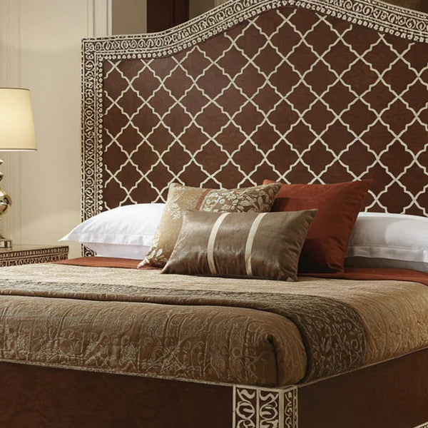 MoonRest Luxury Handcrafted Brown Inlay Bed with Ornate Headboard
