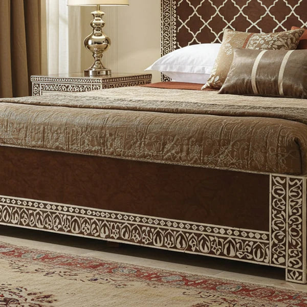 MoonRest Luxury Handcrafted Brown Inlay Bed with Ornate Headboard