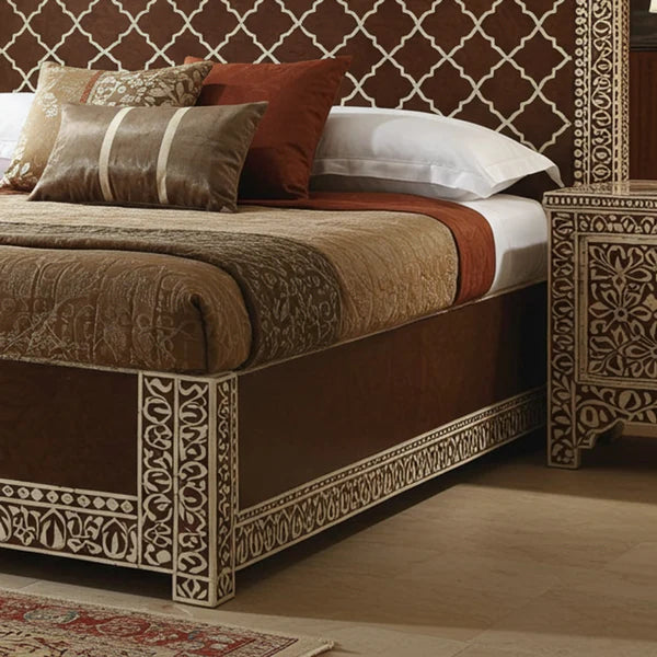 MoonRest Luxury Handcrafted Brown Inlay Bed with Ornate Headboard