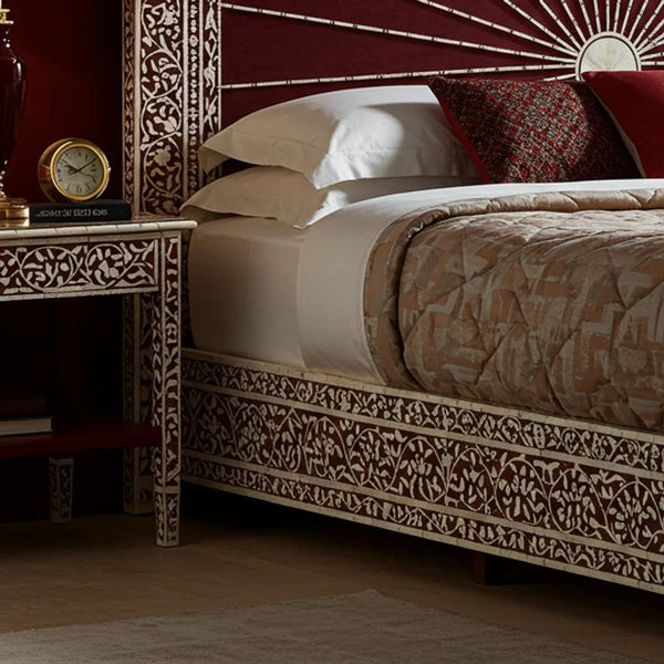 MoonRest Luxury Handcrafted Inlaid Wood Bed with Ornate Headboard