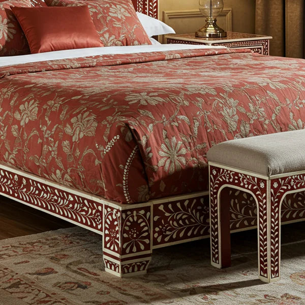 MoonRest Luxury Handcrafted Red Bone Inlay King Bed with Matching Nightstands