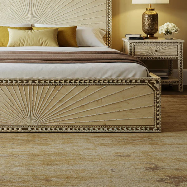 MoonRest Luxury Sunburst Carved Bed with Matching Nightstands