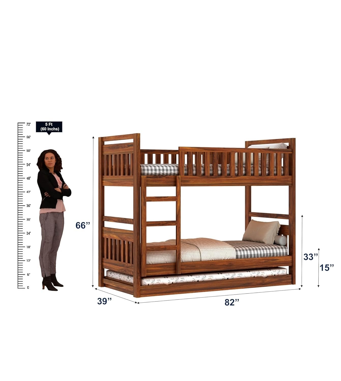 Naptura Solid Sheesham Wood Bunkbed Netrual Finsh With Trundle